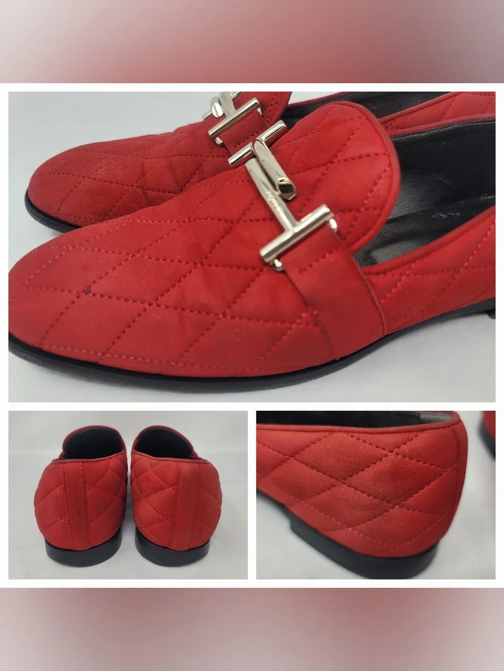 Tod's Womens Red Quilted Suede Leather Slip On Flats Loafers Shoes Italy 37 US 7